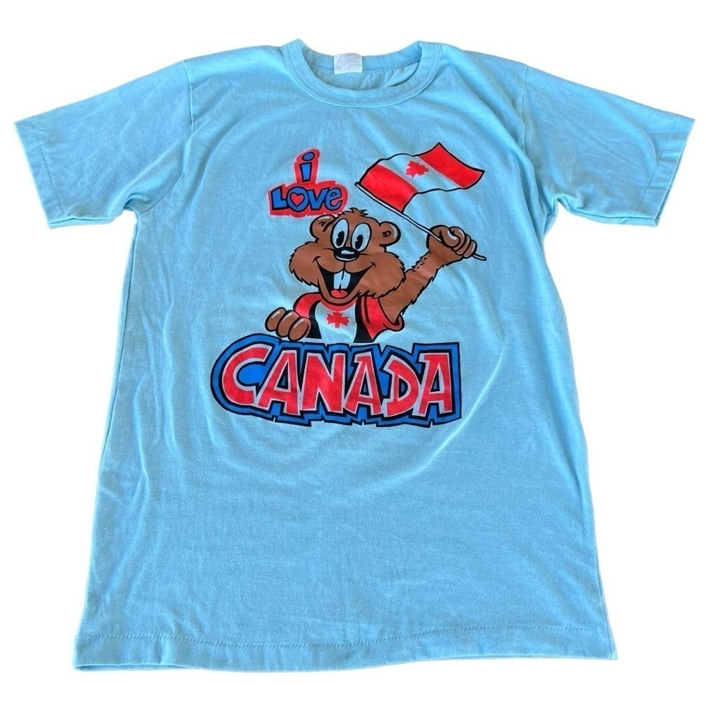 VTG I Love Canada Single Stitch TShirt Blue Beaver Maple Leaf Flag Med 50/50 GUC